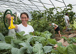 Woman volunteering at a sustainable community garden.