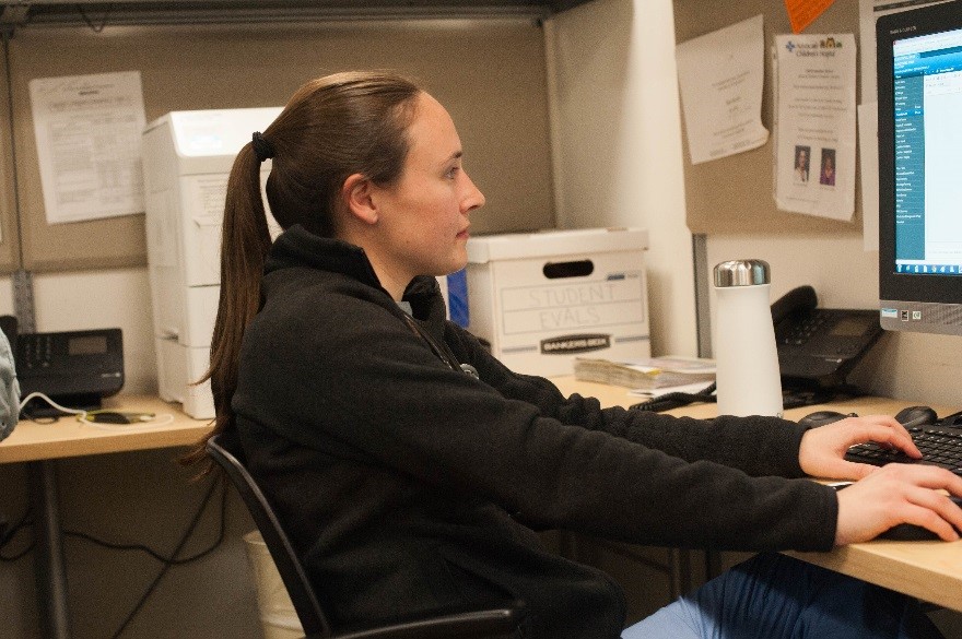 A doctor is seated at a desk and types on a desktop computer