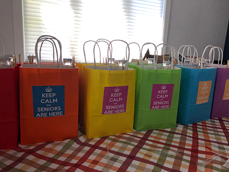 gift bags lined up on a table